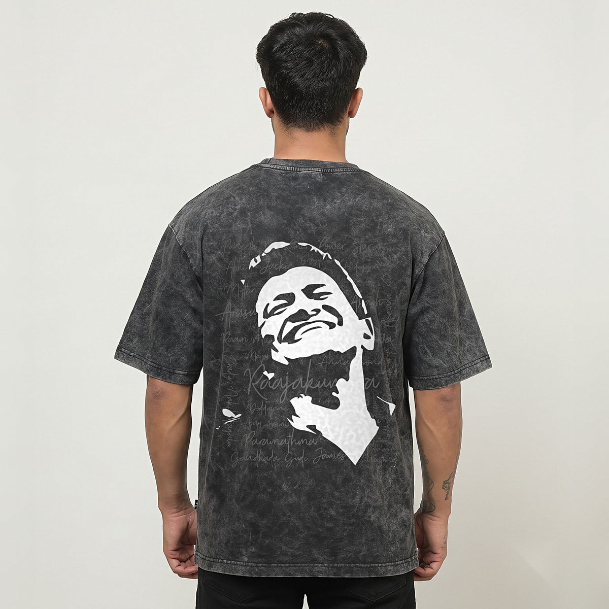 Appu Power Star Tribute — Logo Front, Portrait Back — Charcoal Acid Wash — back view