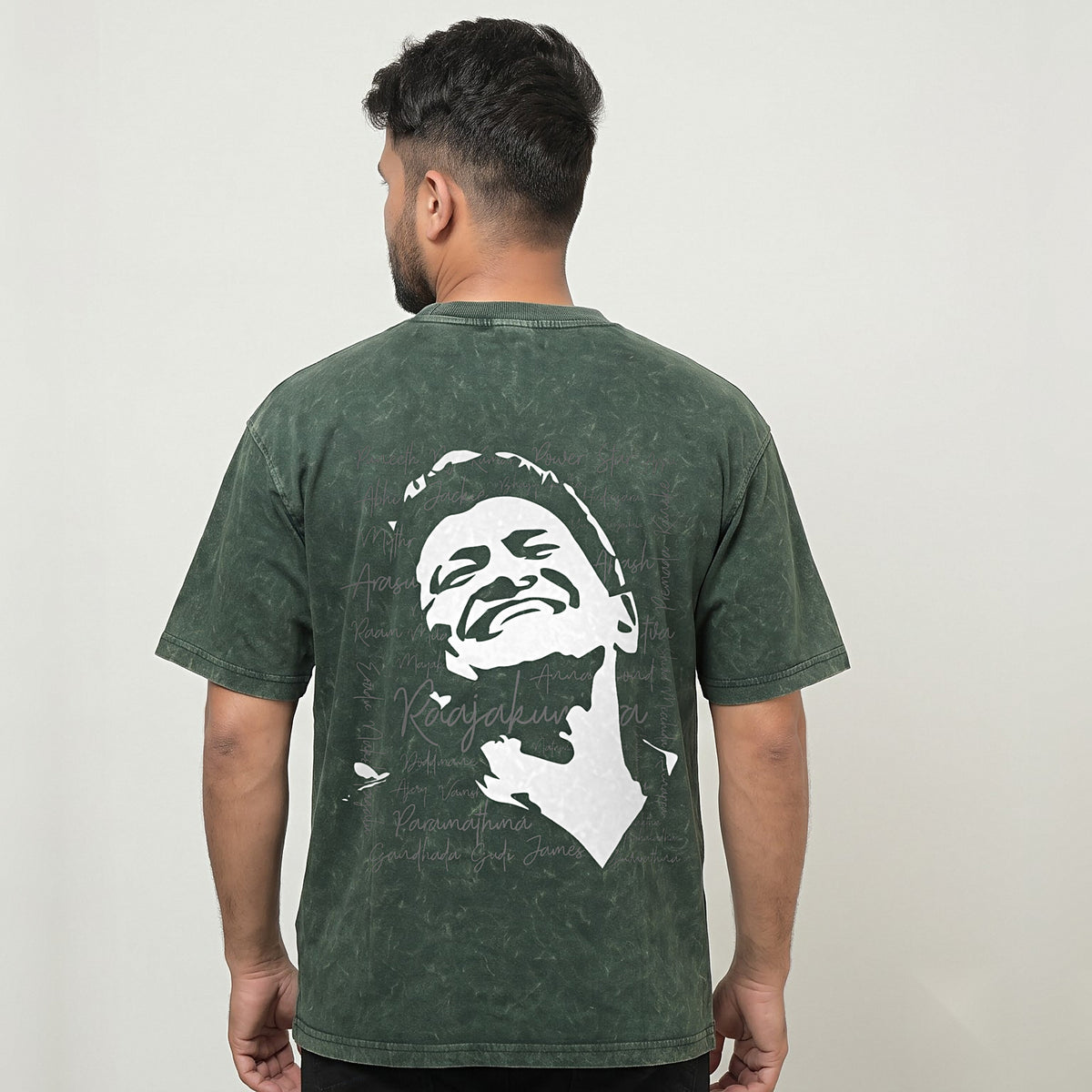 Appu Power Star Tribute — Logo Front, Portrait Back — Forest Green Acid Wash — back view