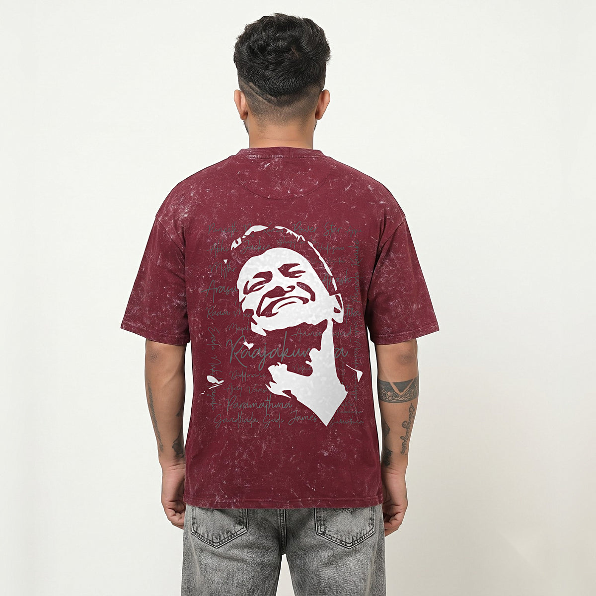 Appu Power Star Tribute — Logo Front, Portrait Back — Maroon Acid Wash — back view