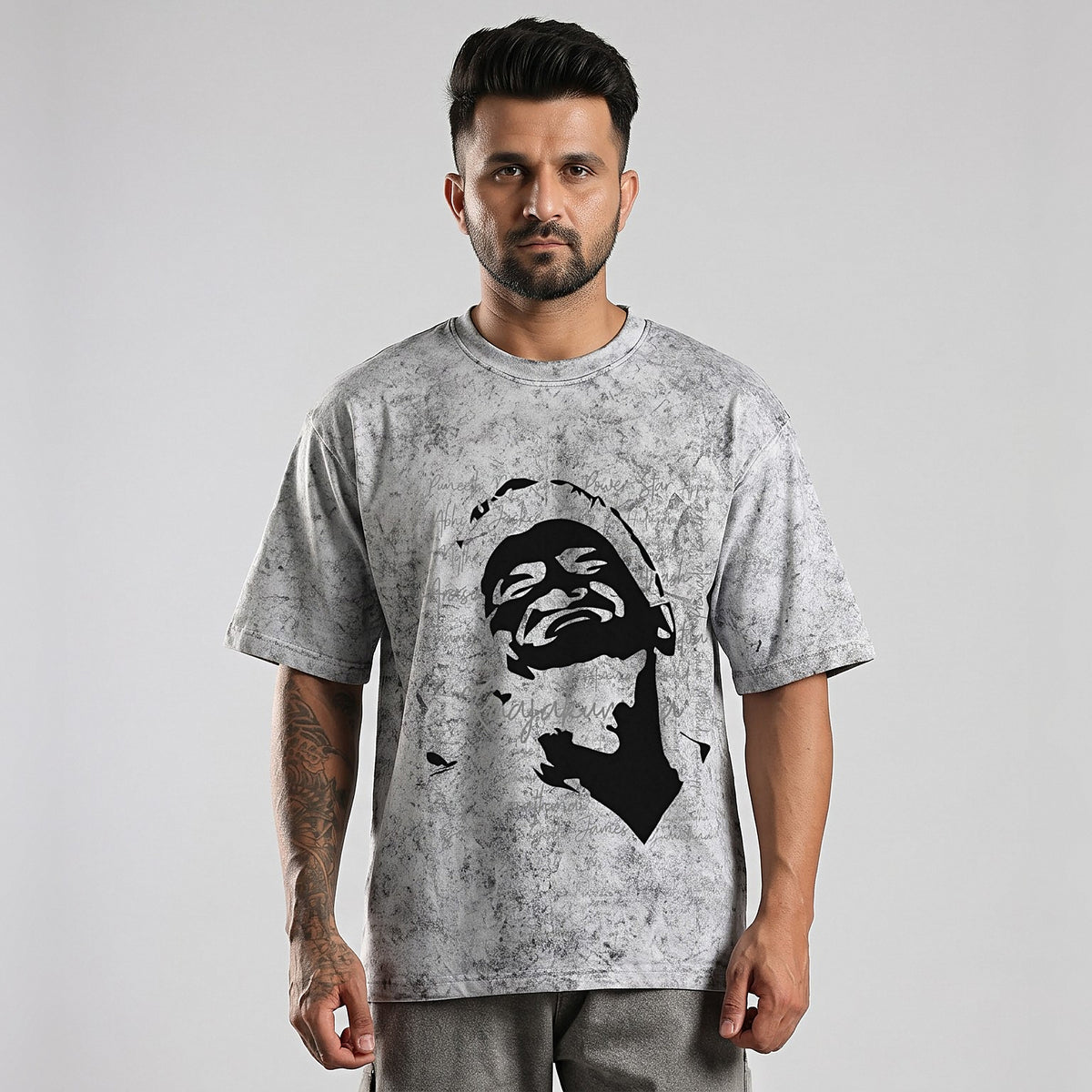Appu Power Star Tribute — Portrait Front, Logo Back — Ash Grey Wash — front view