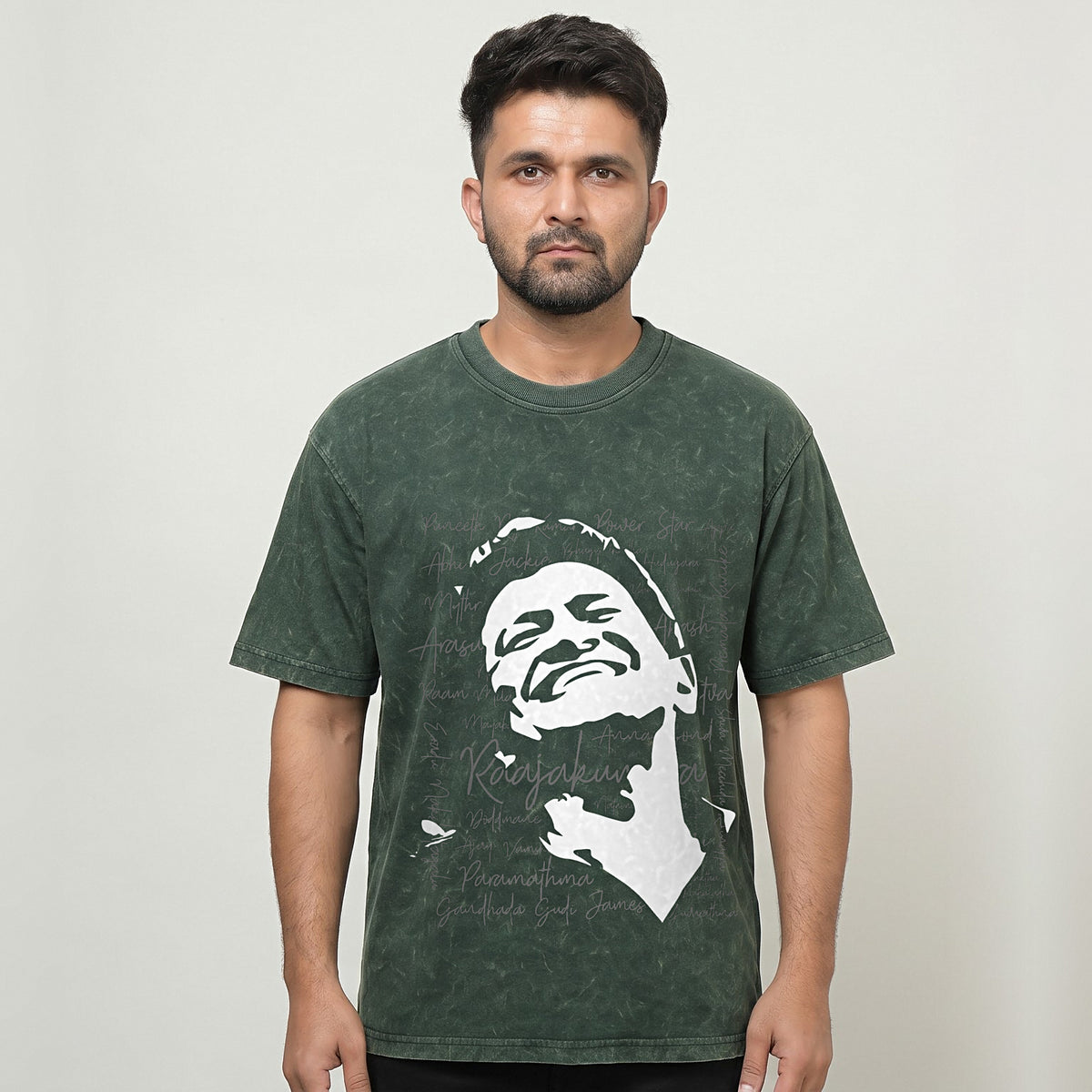 Appu Power Star Tribute — Portrait Front, Logo Back — Forest Green Acid Wash — front view