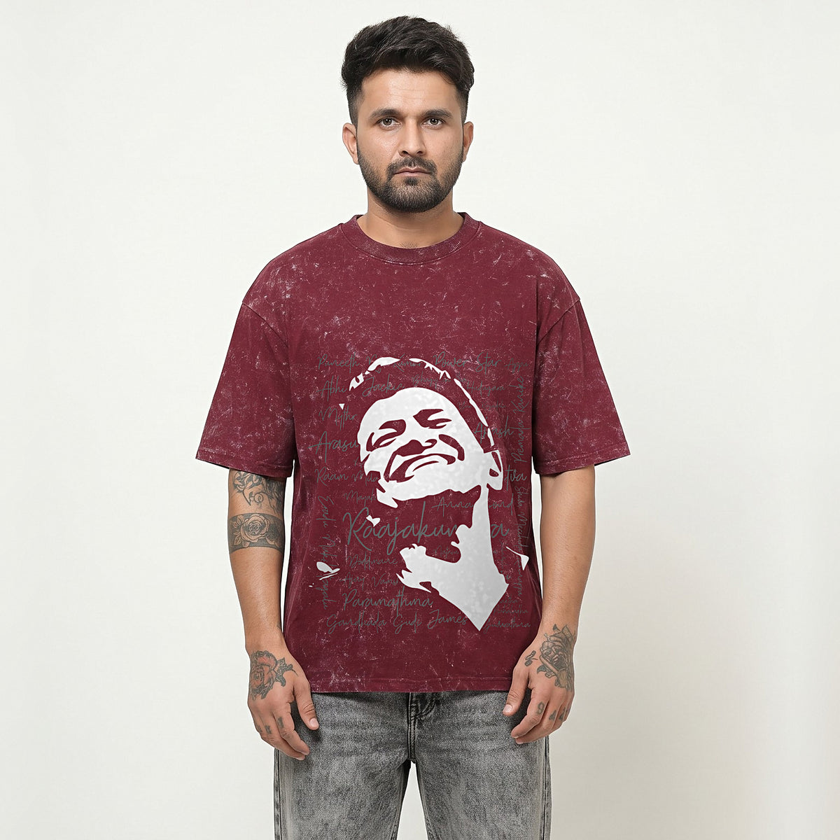Appu Power Star Tribute — Portrait Front, Logo Back — Maroon Acid Wash — front view