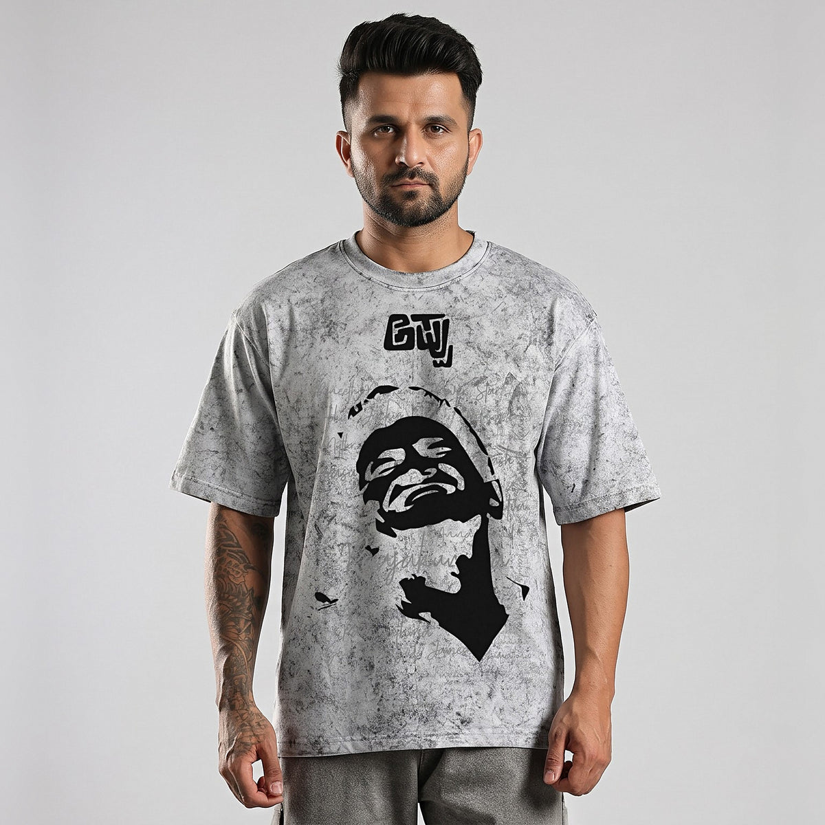 Appu Power Star Tribute — Portrait & Logo Front — Ash Grey Wash — front view
