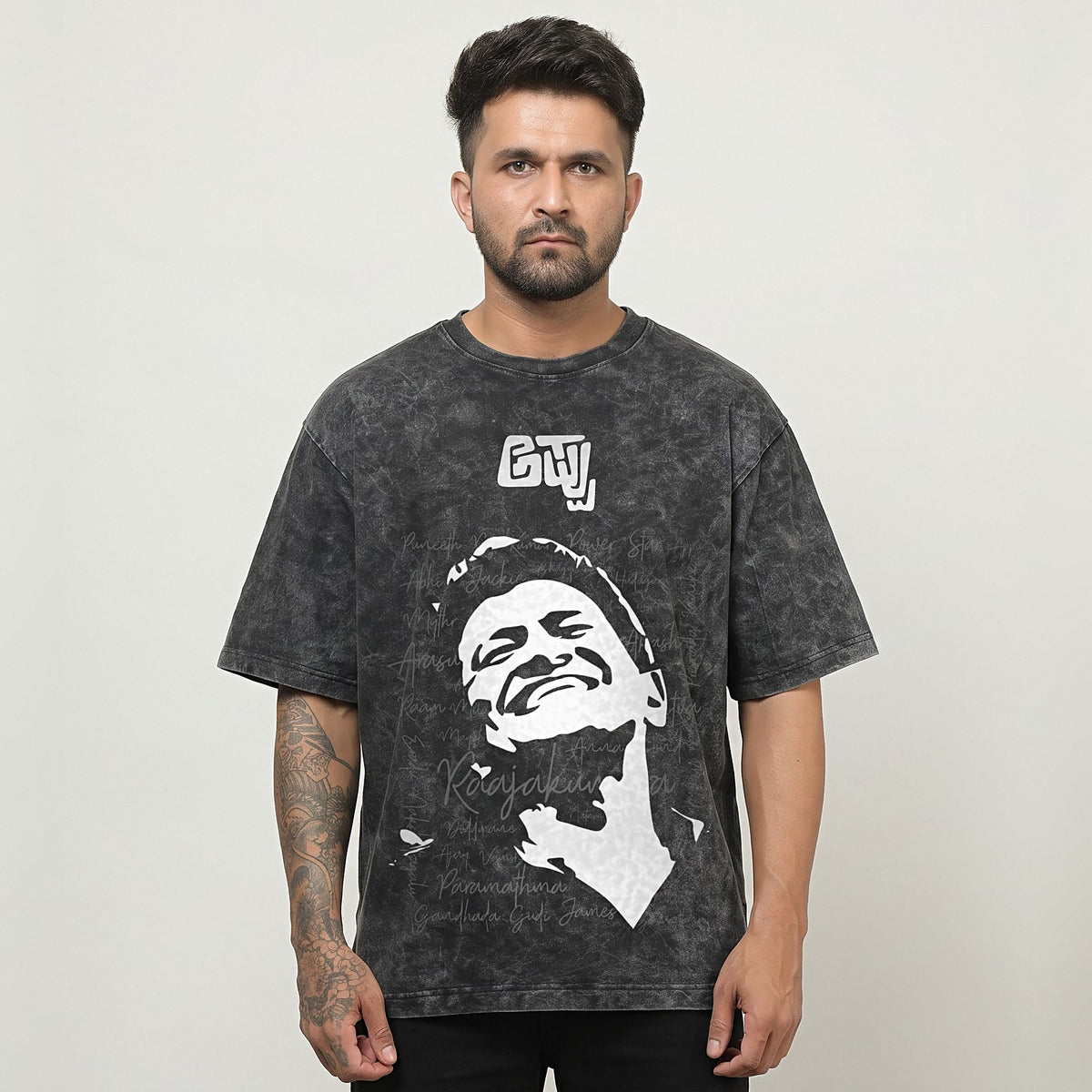 Appu Power Star Tribute — Portrait & Logo Front — Charcoal Acid Wash — front view