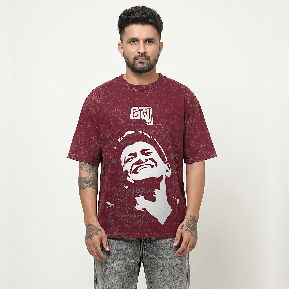 Appu Power Star Tribute — Portrait & Logo Front — Maroon Acid Wash — front view