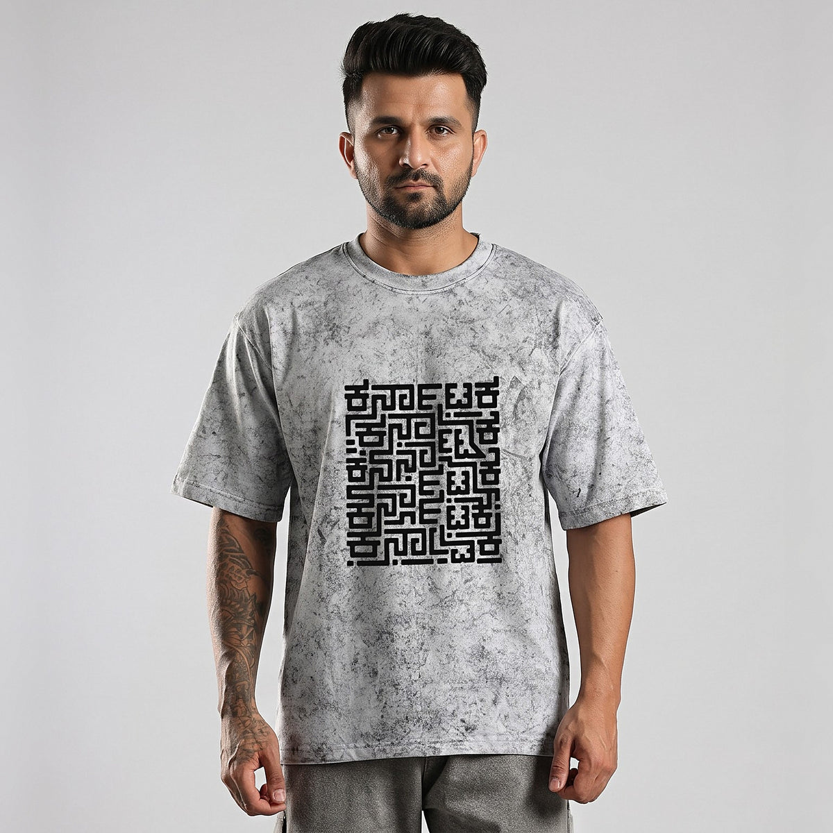 Karnataka Maze — Big Front Print, Kannadiga Back — Ash Grey Wash — front view