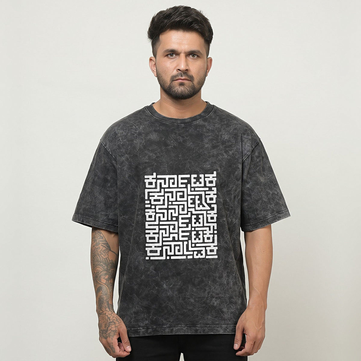 Karnataka Maze — Big Front Print, Kannadiga Back — Charcoal Acid Wash — front view