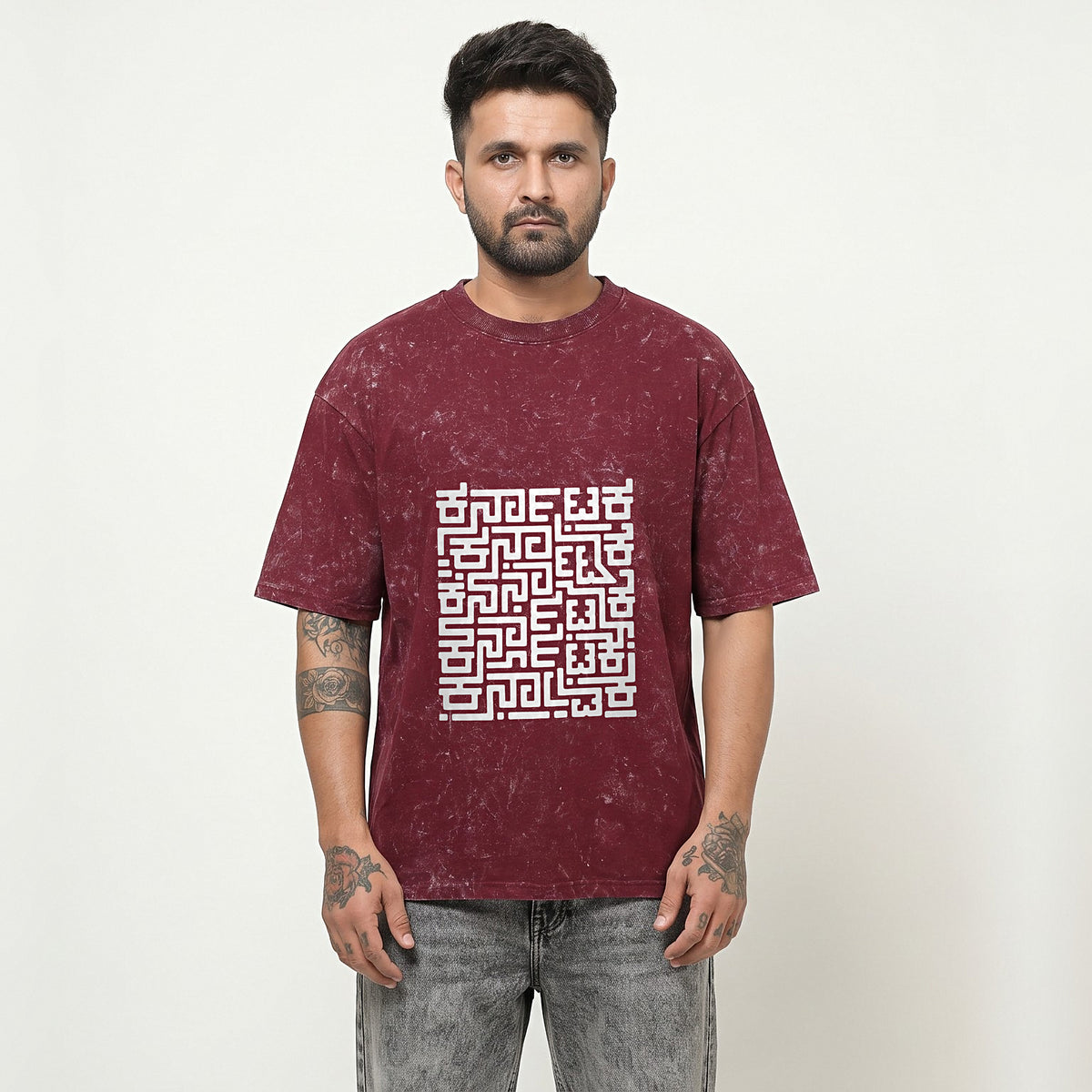 Karnataka Maze — Big Front Print, Kannadiga Back — Maroon Acid Wash — front view