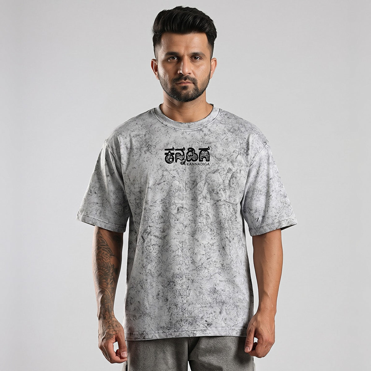 Karnataka Maze — Big Back Print, Kannadiga Front — Ash Grey Wash — front view