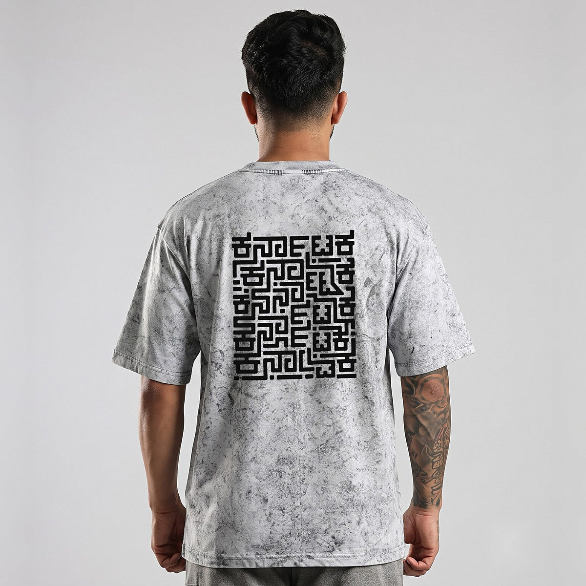 Karnataka Maze — Big Back Print, Kannadiga Front — Ash Grey Wash — back view