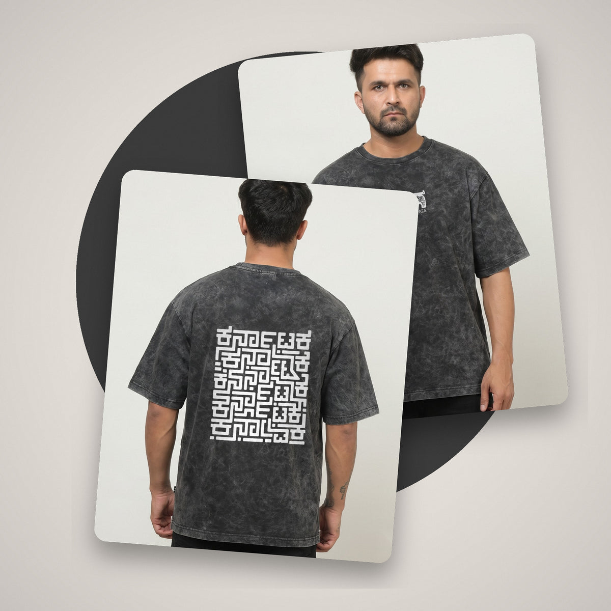 Karnataka Maze — Big Back Print, Kannadiga Front — Charcoal Acid Wash — front and back style shot