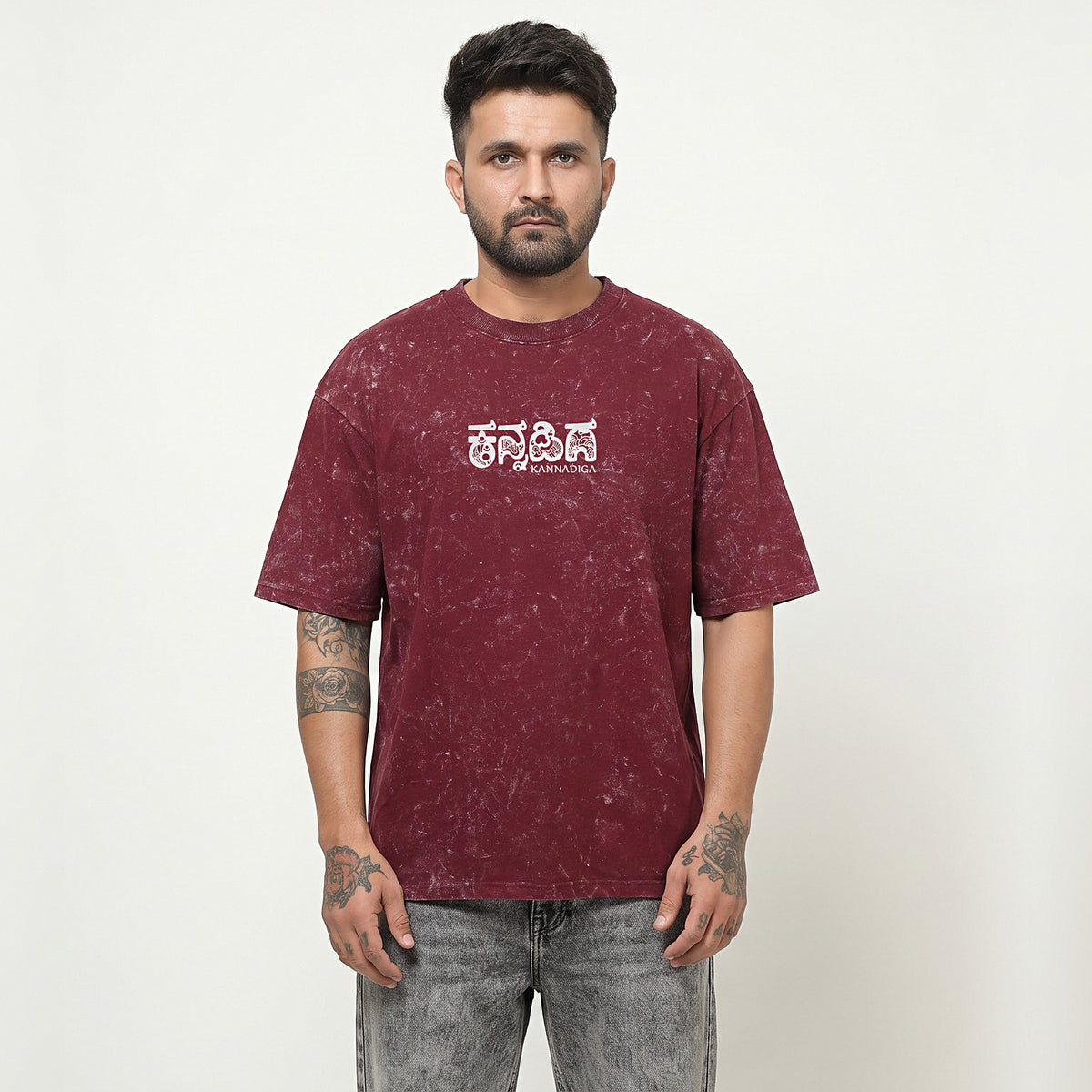 Karnataka Maze — Big Back Print, Kannadiga Front — Maroon Acid Wash — front view