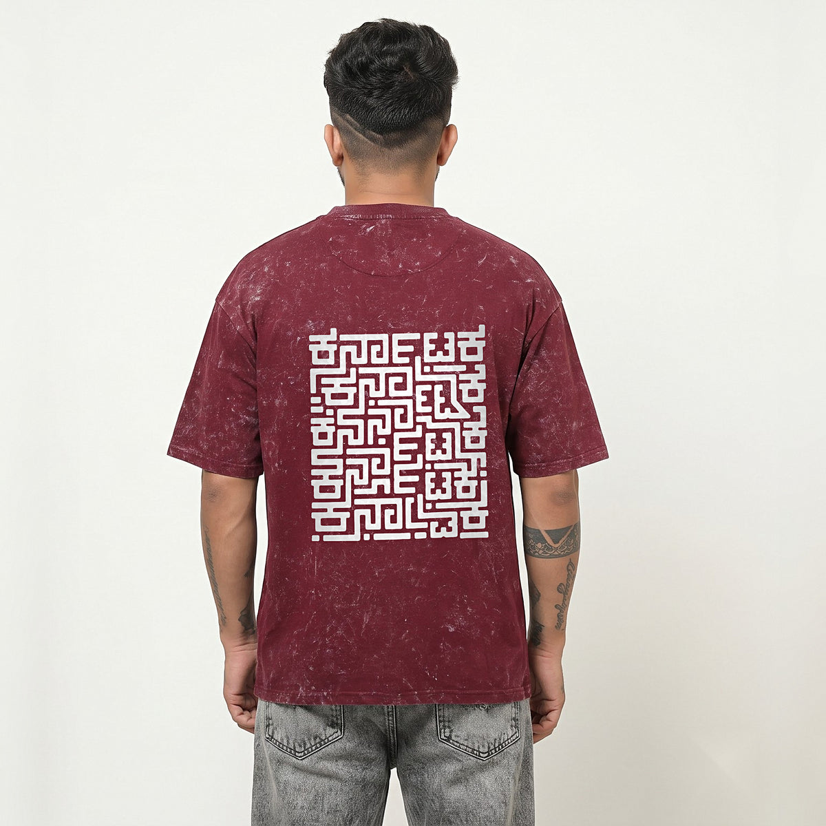 Karnataka Maze — Big Back Print, Kannadiga Front — Maroon Acid Wash — back view