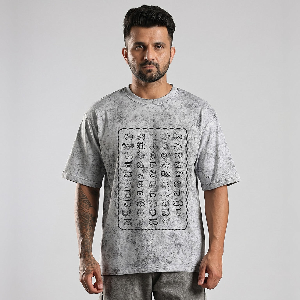 Kannada Varnamale — Big Front Print, Kannadiga Back — Ash Grey Wash — front view