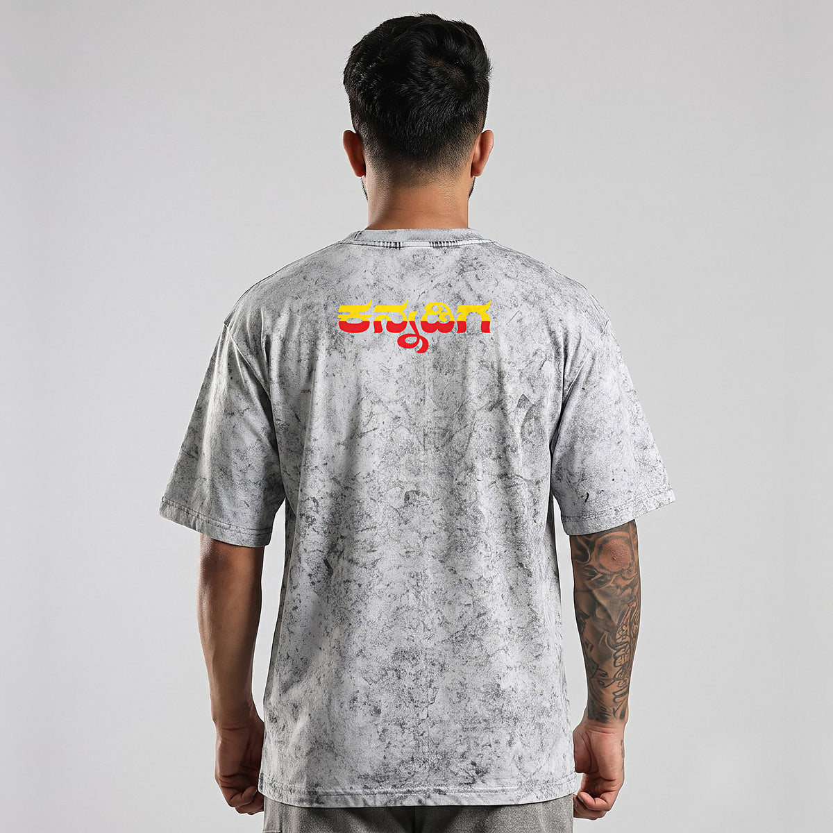 Kannada Varnamale — Big Front Print, Kannadiga Back — Ash Grey Wash — back view