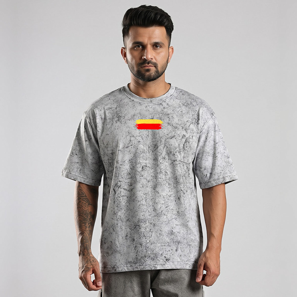 Kannada Varnamale — Big Back Print, Flag Stripe Front — Ash Grey Wash — front view
