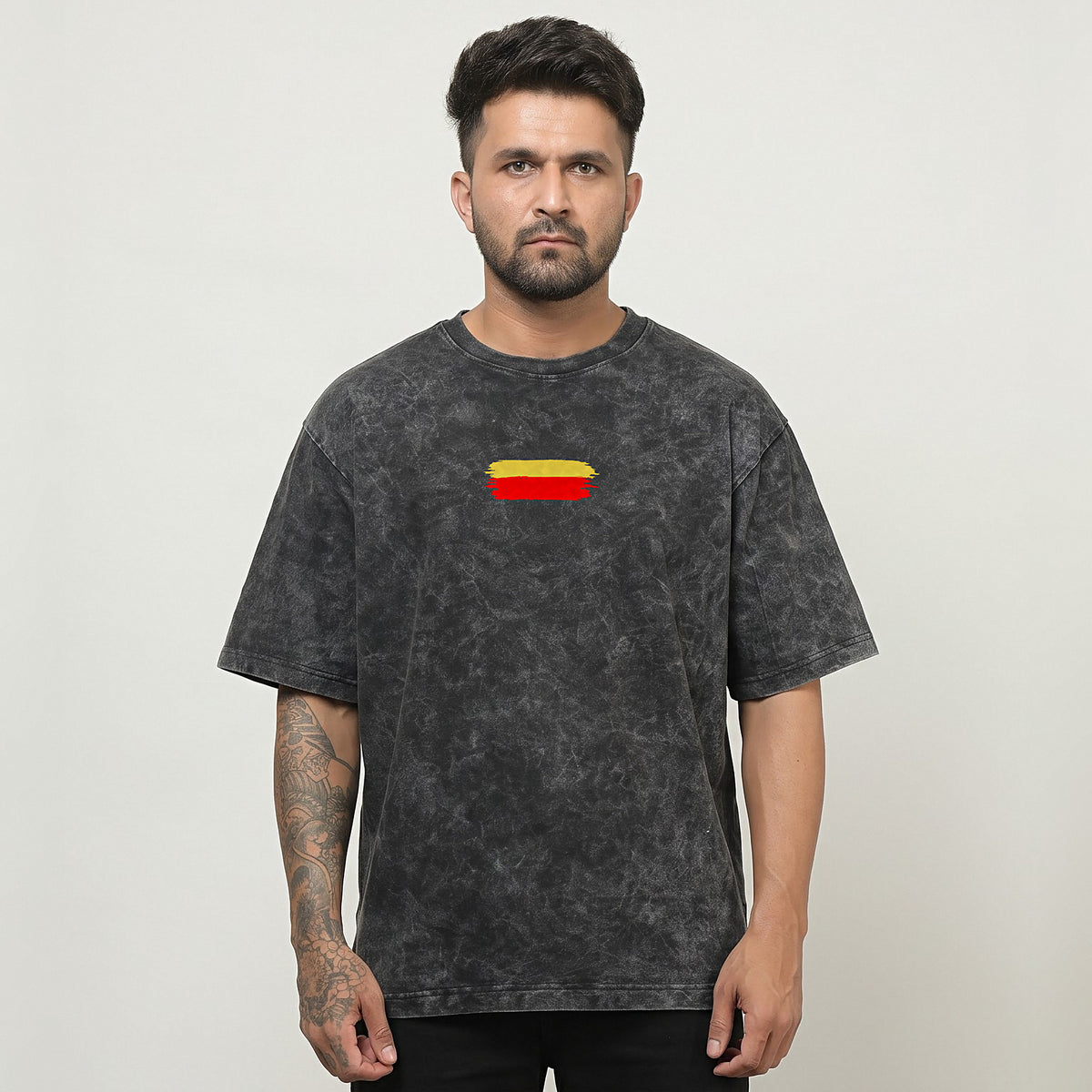 Kannada Varnamale — Big Back Print, Flag Stripe Front — Charcoal Acid Wash — front view