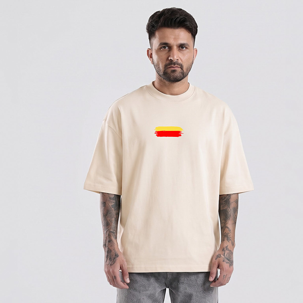 Kannada Varnamale — Big Back Print, Flag Stripe Front — Bone — front view