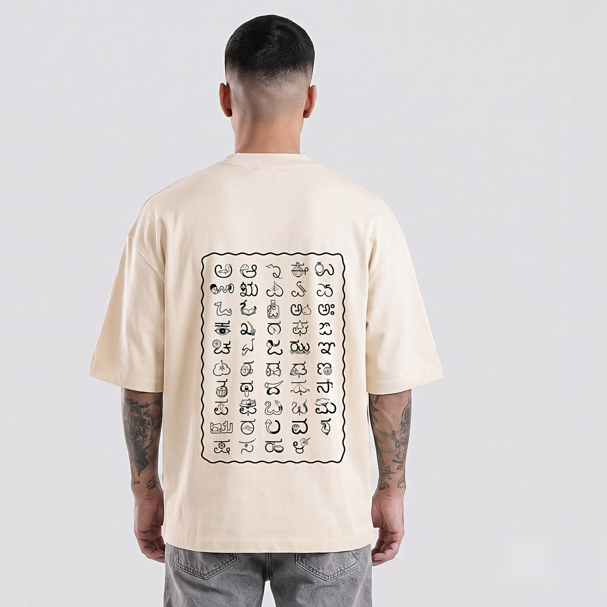 Kannada Varnamale — Big Back Print, Flag Stripe Front — Bone — back view