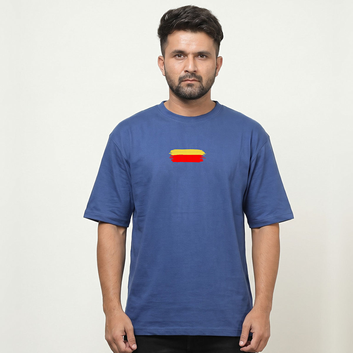Kannada Varnamale — Big Back Print, Flag Stripe Front — Cobalt Blue — front view