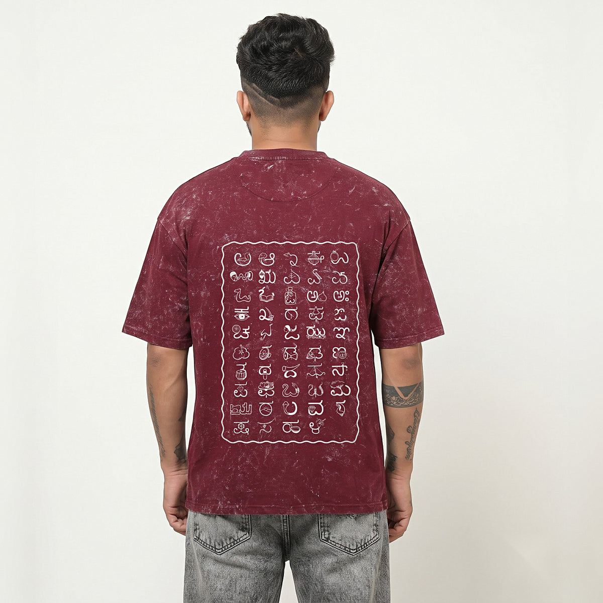 Kannada Varnamale — Big Back Print, Flag Stripe Front — Maroon Acid Wash — back view