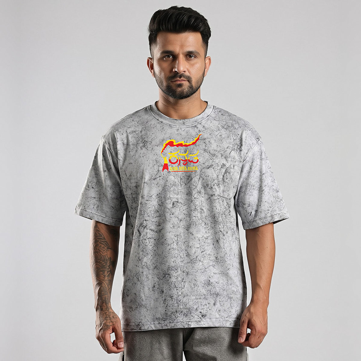 Kannada Varnamale — Big Back Print, Flame Logo Front — Ash Grey Wash — front view