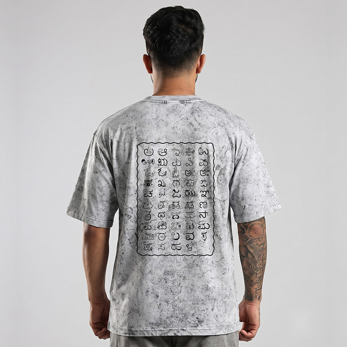 Kannada Varnamale — Big Back Print, Flame Logo Front — Ash Grey Wash — back view