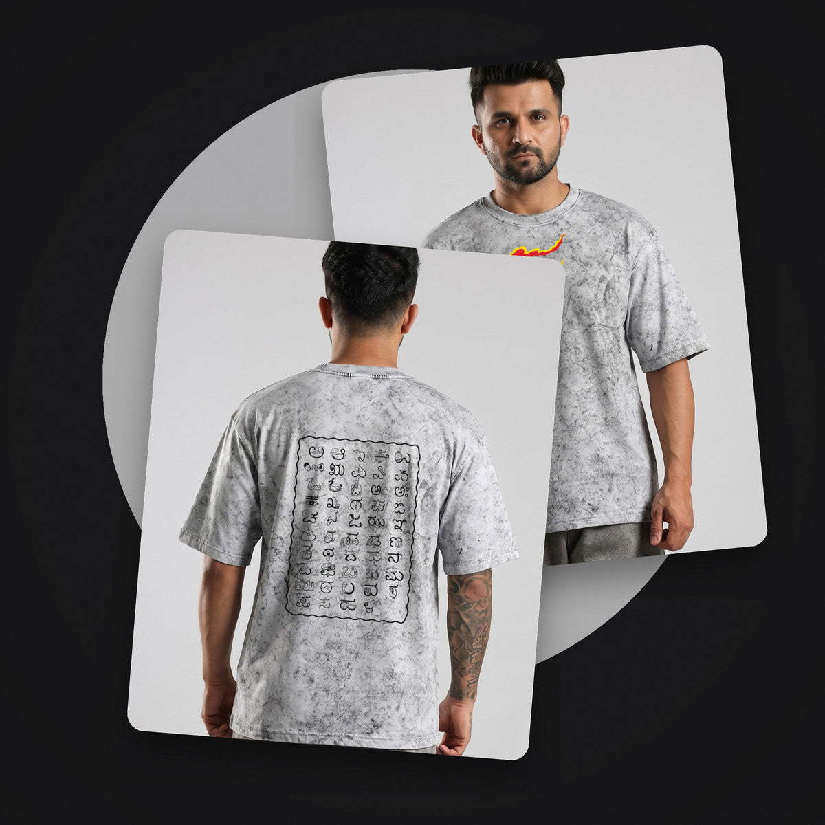 Kannada Varnamale — Big Back Print, Flame Logo Front — Ash Grey Wash — front and back style shot