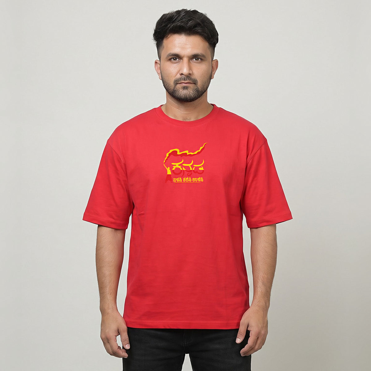 Kannada Varnamale — Big Back Print, Flame Logo Front — Crimson Red — front view