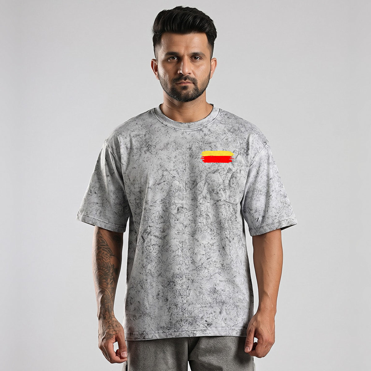 Kannada Flame Logo — Back Print, Flag Stripe Front — Ash Grey Wash — front view