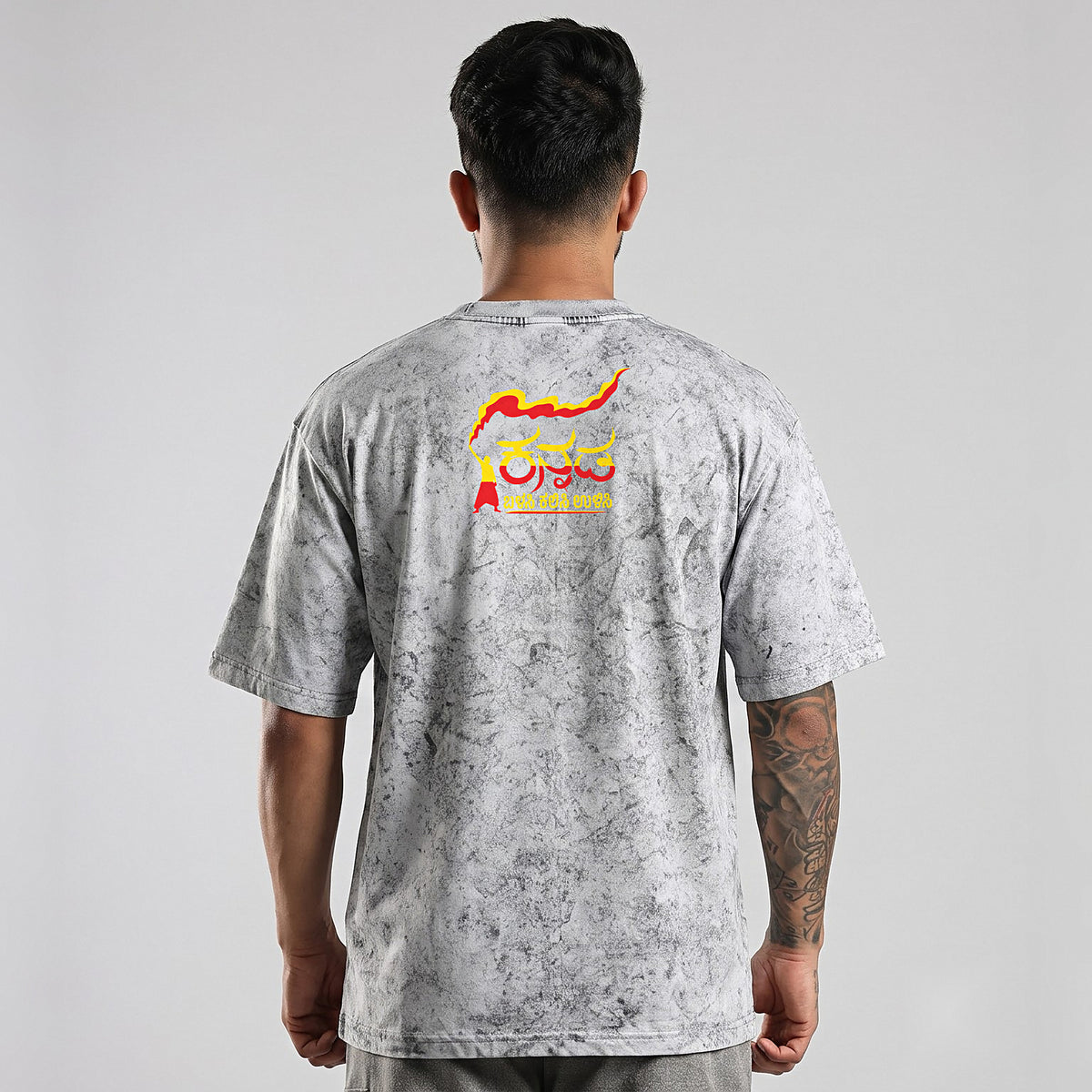 Kannada Flame Logo — Back Print, Flag Stripe Front — Ash Grey Wash — back view