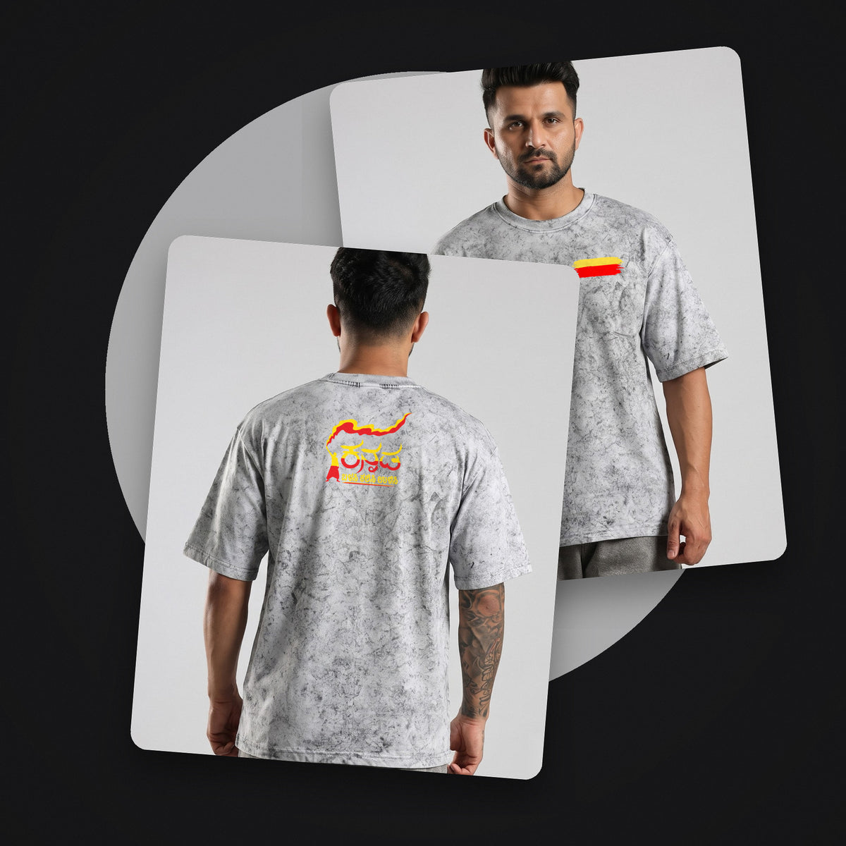 Kannada Flame Logo — Back Print, Flag Stripe Front — Ash Grey Wash — front and back style shot