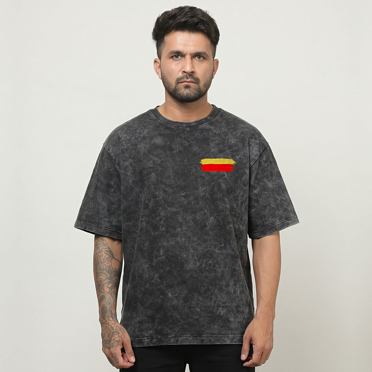 Kannada Flame Logo — Back Print, Flag Stripe Front — Charcoal Acid Wash — front view
