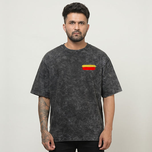 Kannada Flame Logo — Back Print, Flag Stripe Front — Charcoal Acid Wash — front view
