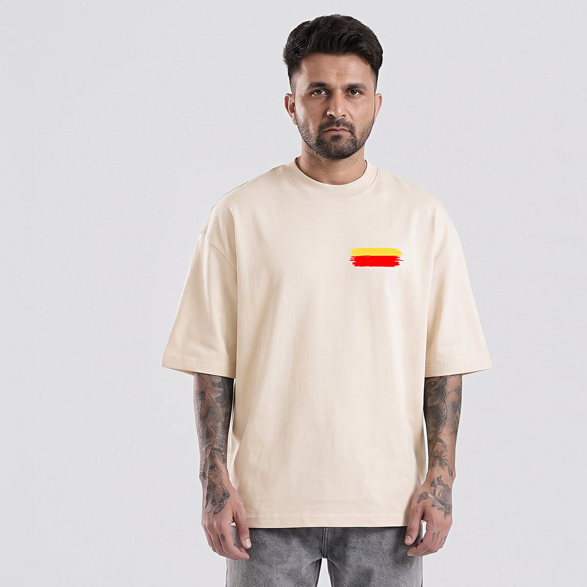 Kannada Flame Logo — Back Print, Flag Stripe Front — Bone — front view