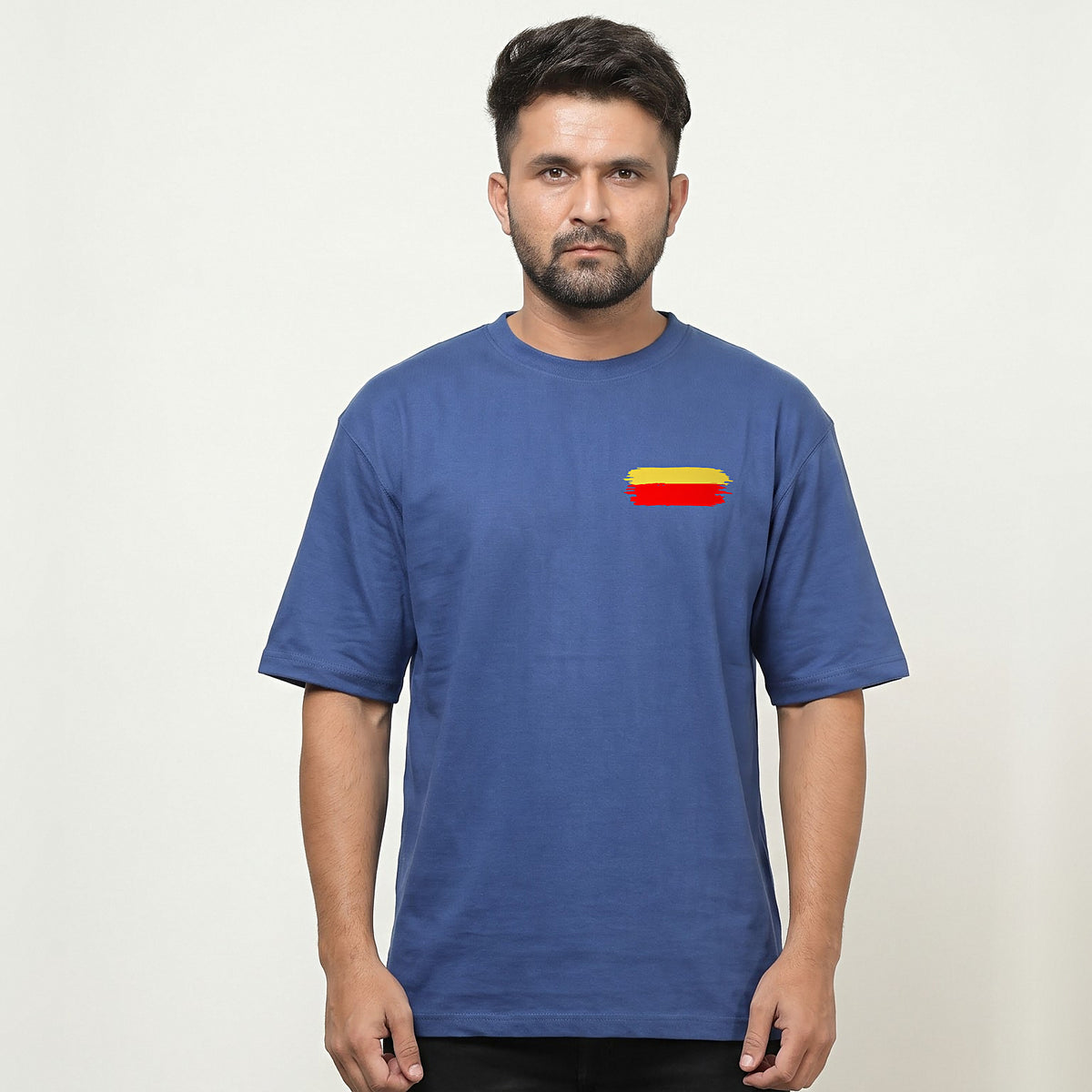 Kannada Flame Logo — Back Print, Flag Stripe Front — Cobalt Blue — front view