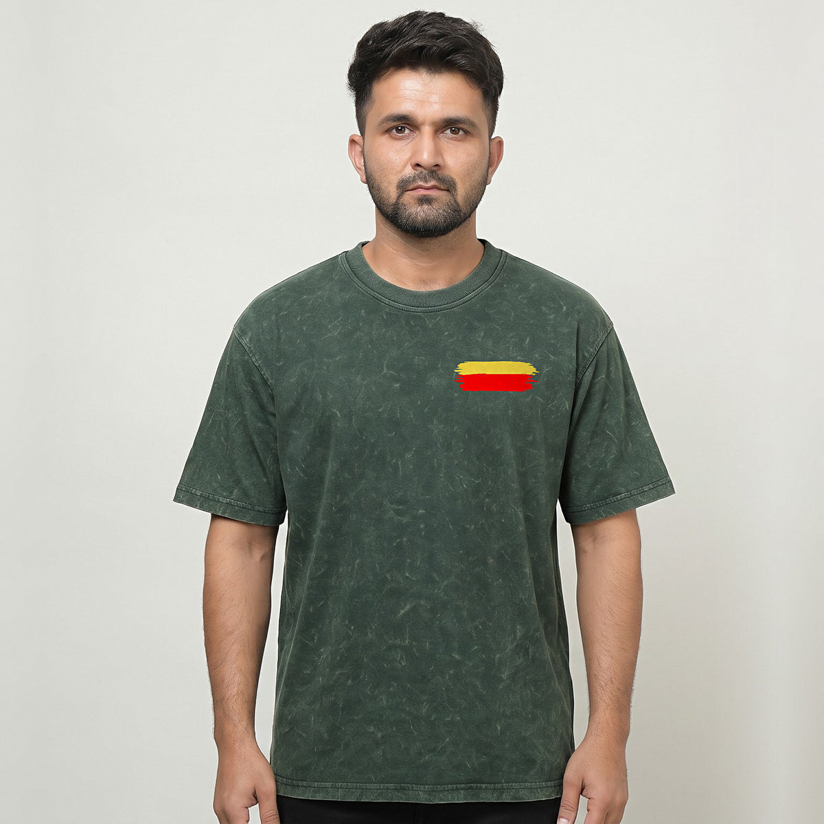 Kannada Flame Logo — Back Print, Flag Stripe Front — Forest Green Acid Wash — front view