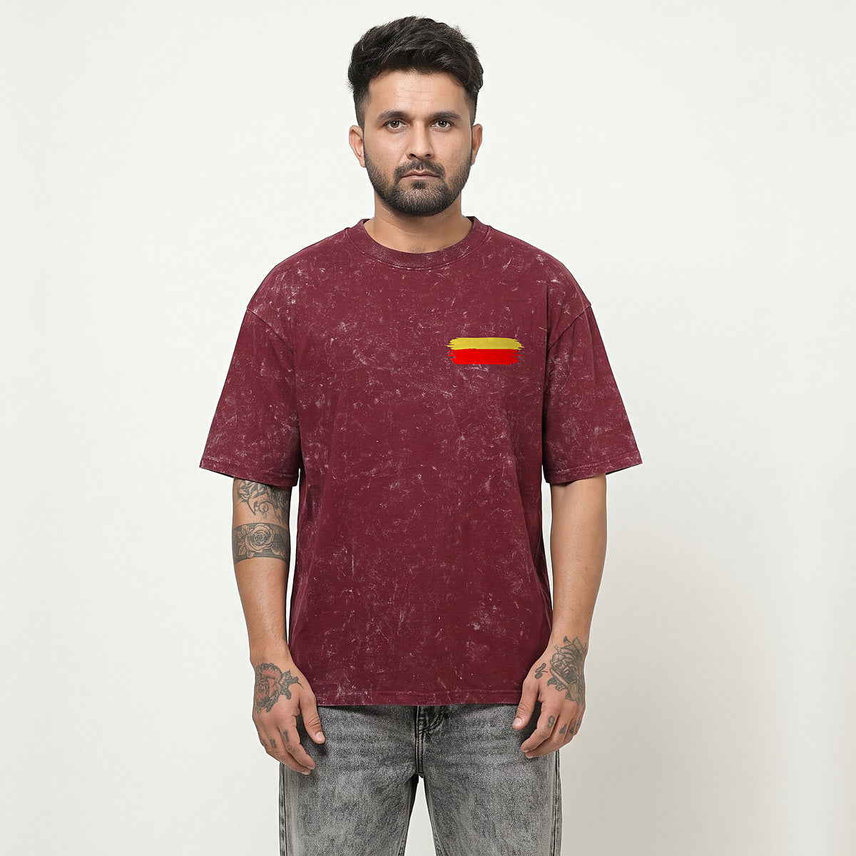 Kannada Flame Logo — Back Print, Flag Stripe Front — Maroon Acid Wash — front view