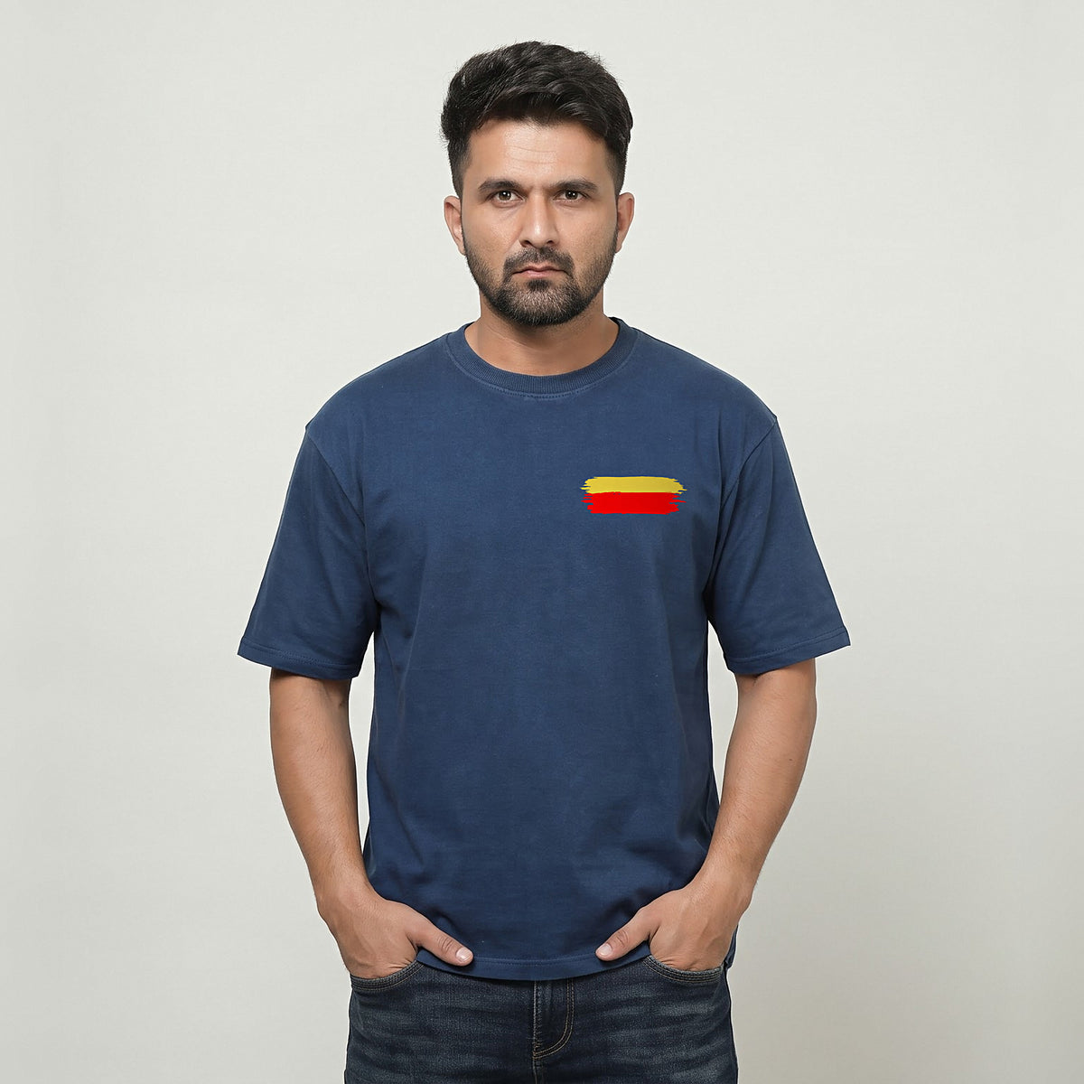 Kannada Flame Logo — Back Print, Flag Stripe Front — Navy Blue — front view