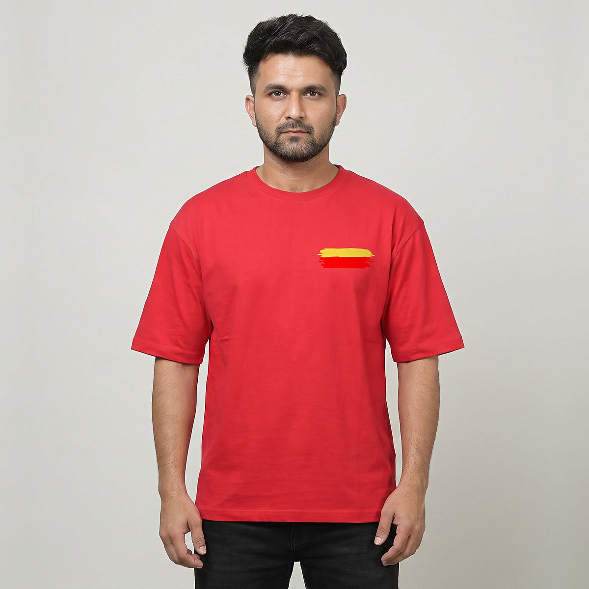 Kannada Flame Logo — Back Print, Flag Stripe Front — Crimson Red — front view