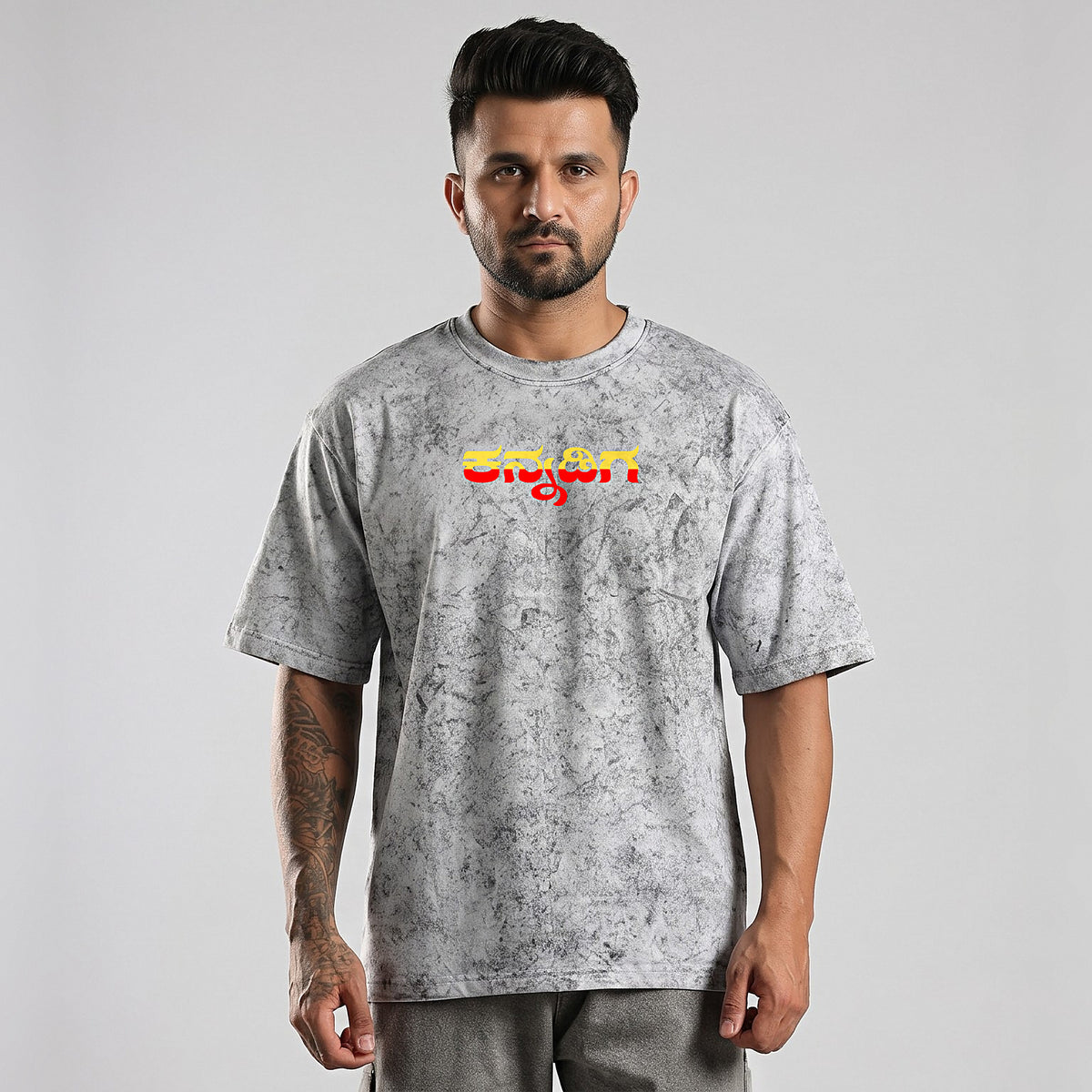 Namma Karnataka — Back Print, Kannadiga Front — Ash Grey Wash — front view