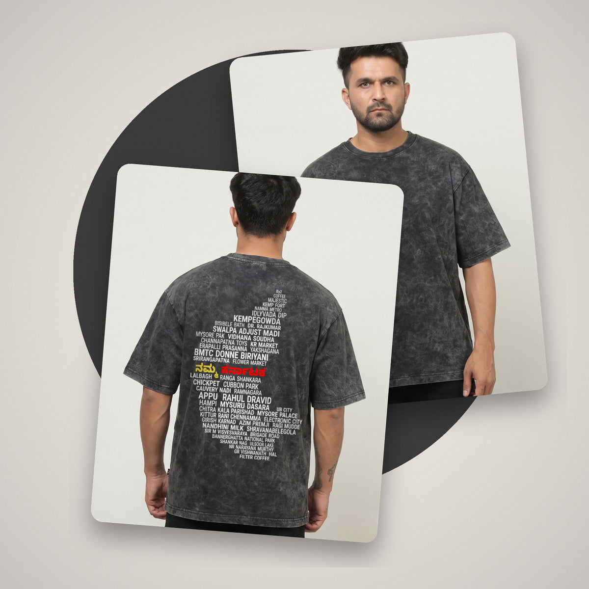 Karnataka Places Map — Back Print — Charcoal Acid Wash — front and back style shot