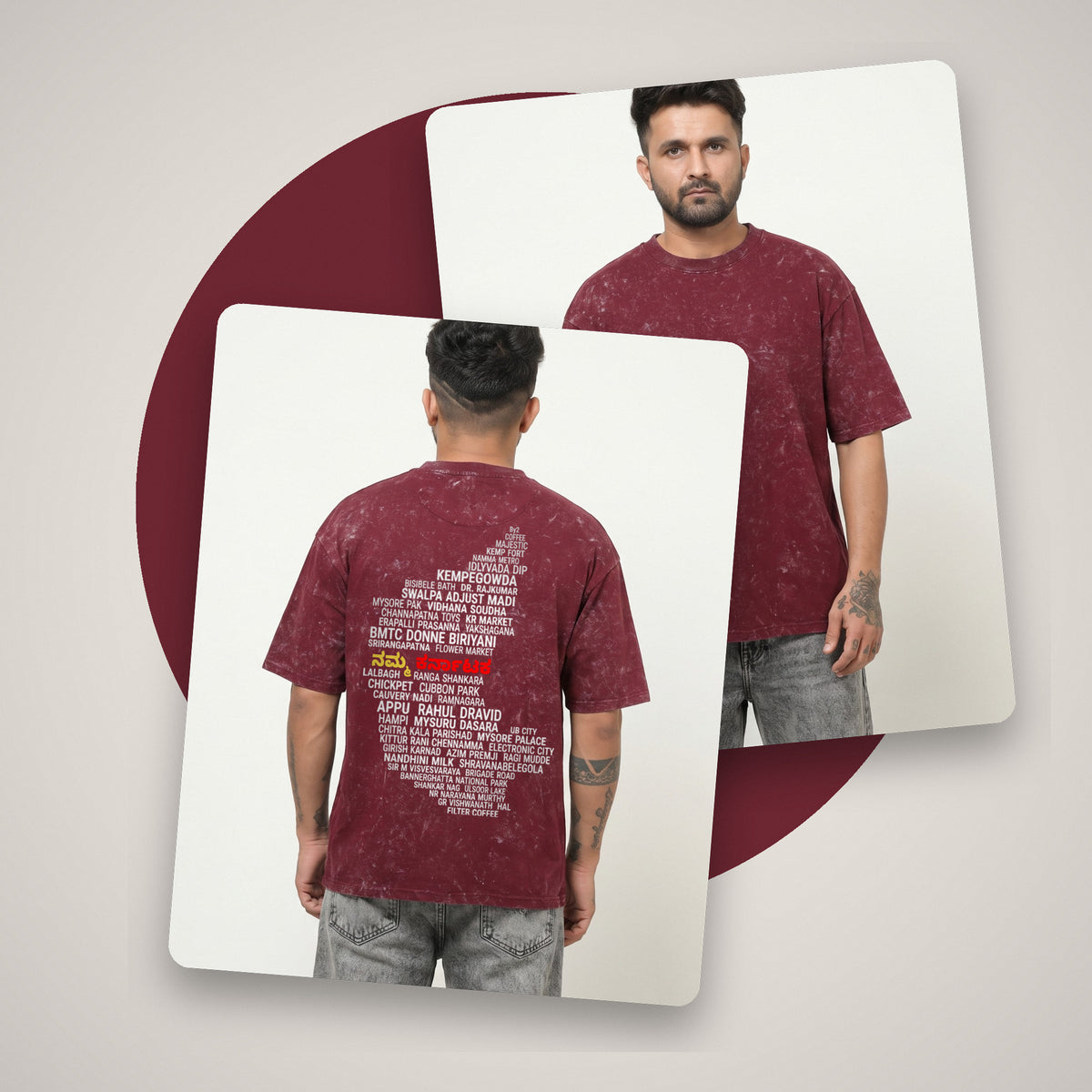 Karnataka Places Map — Back Print — Maroon Acid Wash — front and back style shot