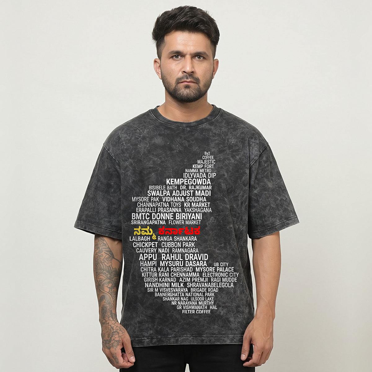 Karnataka Places Map — Front Print — Charcoal Acid Wash — front view