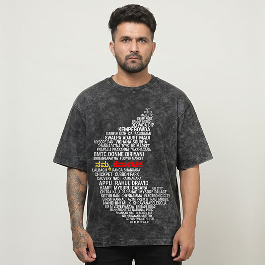 Karnataka Places Map — Front Print — Charcoal Acid Wash — front view