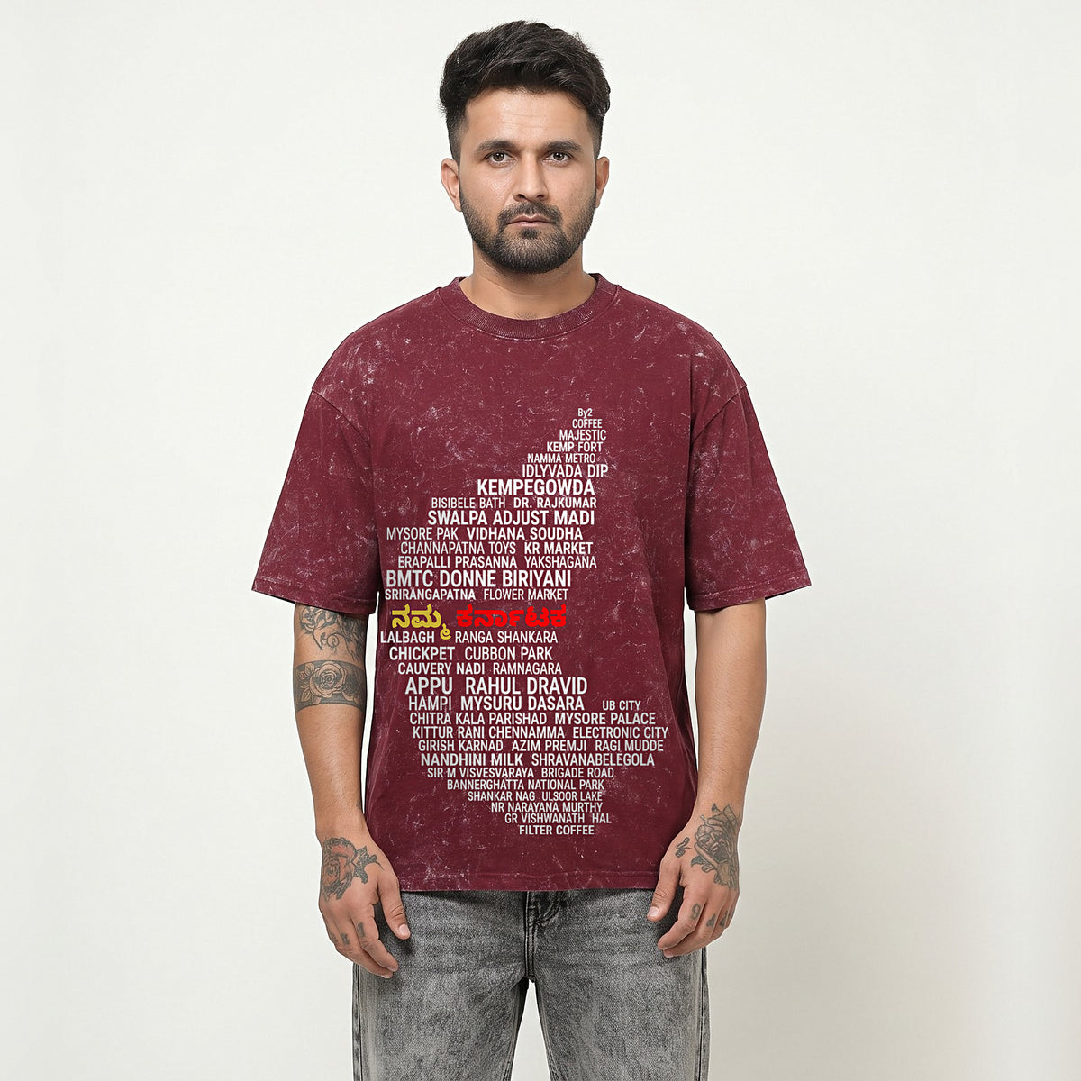 Karnataka Places Map — Front Print — Maroon Acid Wash — front view
