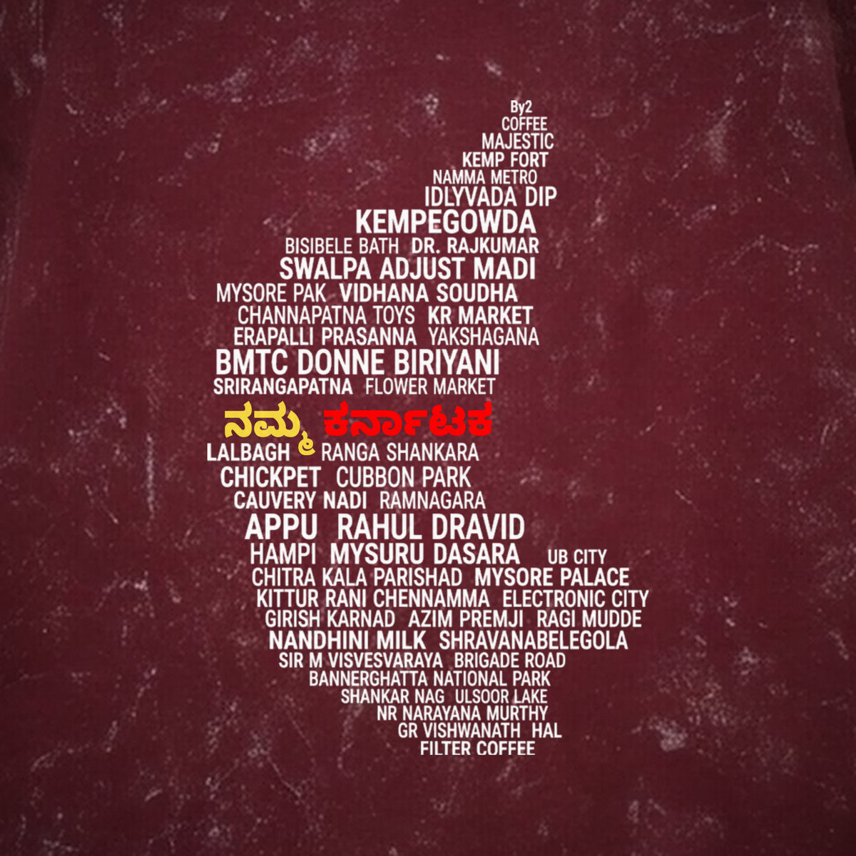 Karnataka Places Map — Front Print — Maroon Acid Wash — artwork