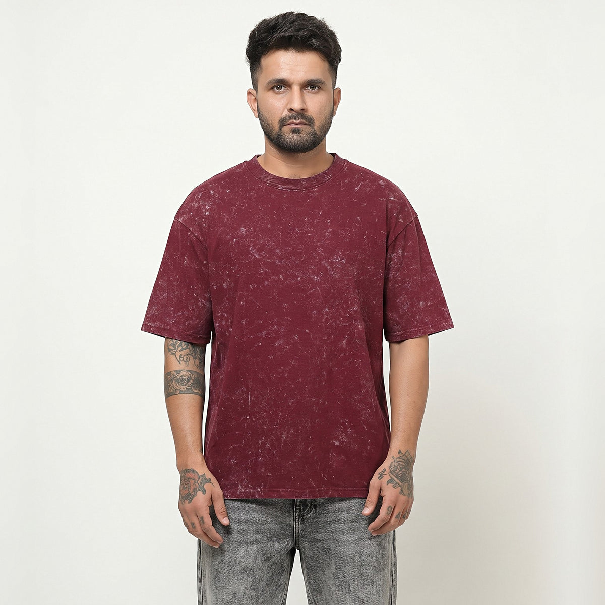 Karnatakadalli Kannadigane Sarvabhauma — Back Print — Maroon Acid Wash — front view
