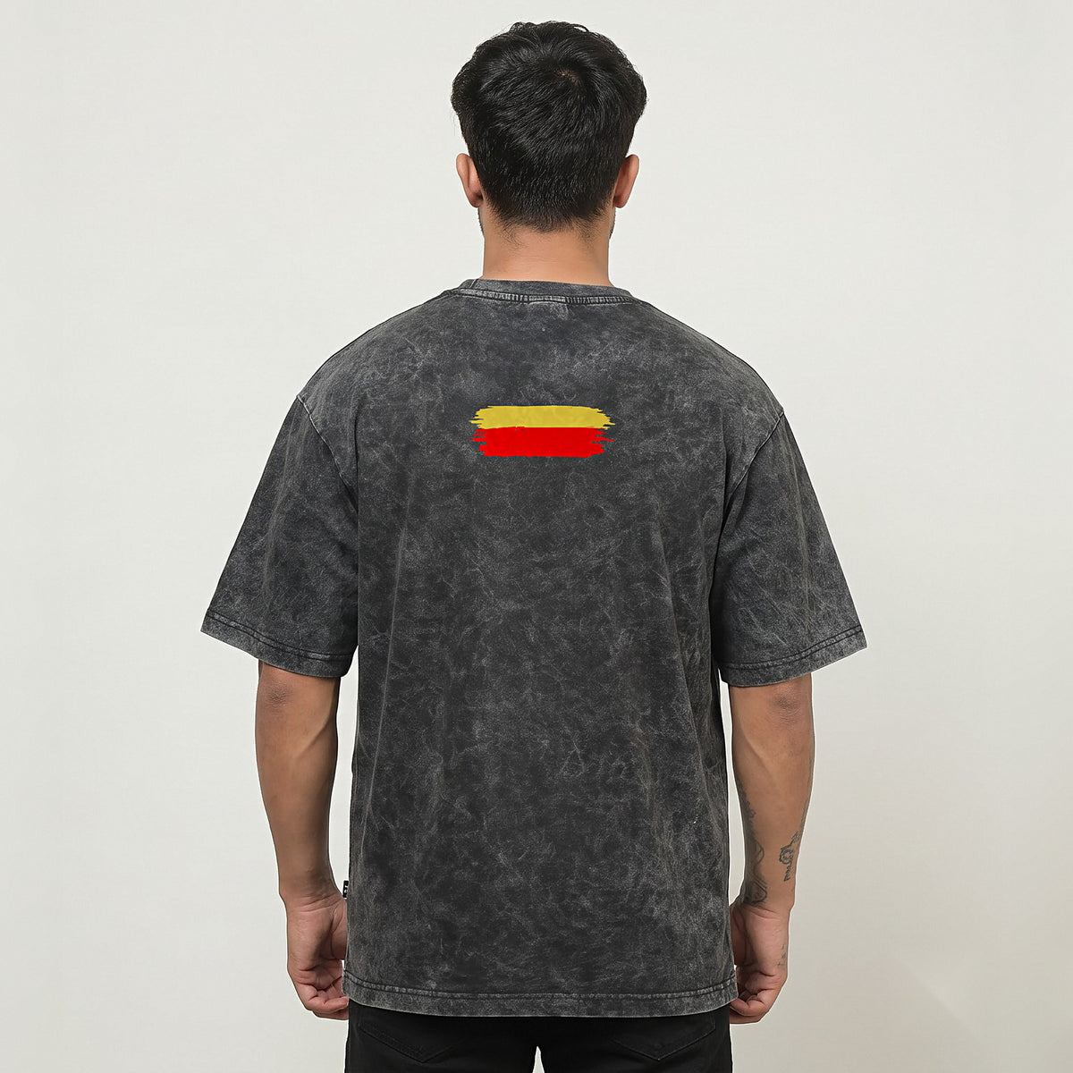 Karnatakadalli Kannadigane Sarvabhauma — Front Line, Flag Stripe Back — Charcoal Acid Wash — back view