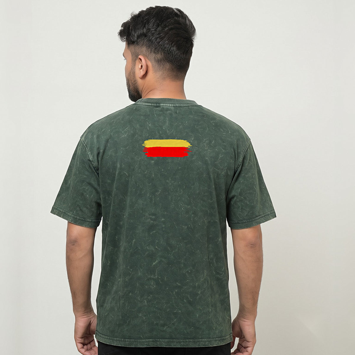 Karnatakadalli Kannadigane Sarvabhauma — Front Line, Flag Stripe Back — Forest Green Acid Wash — back view